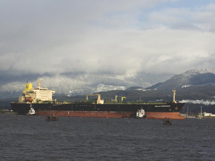 large ship in harbour against mountain backdrop