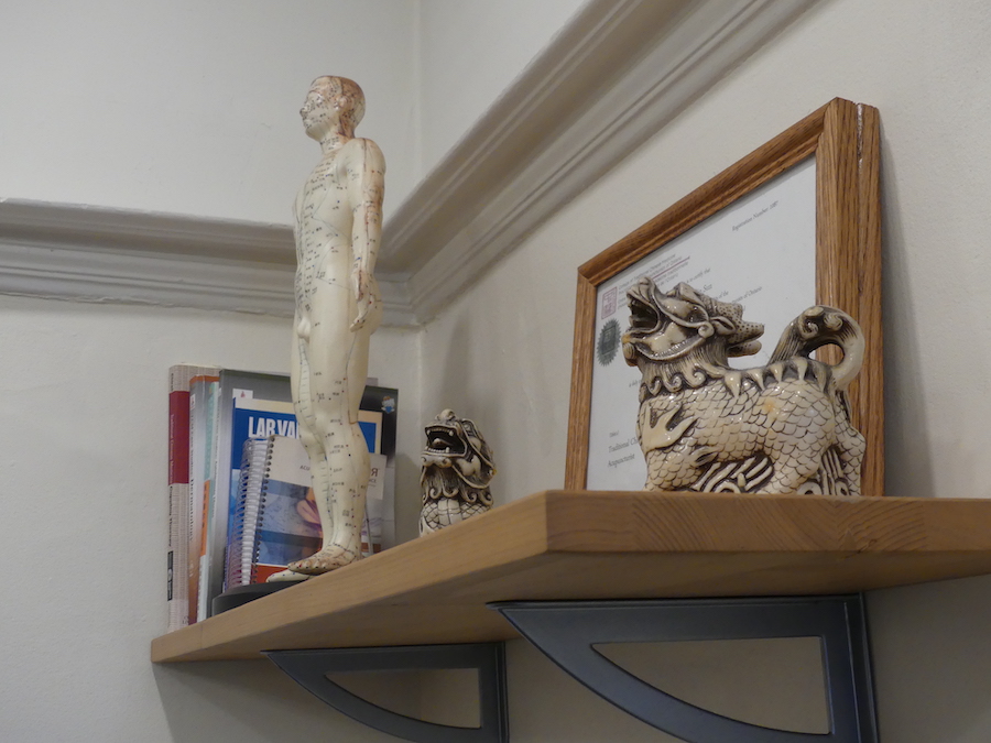 Light brown shelf with off-white anatomical model with acupuncture points, two ceramics dragon, textbooks and a framed certificate on display. 
