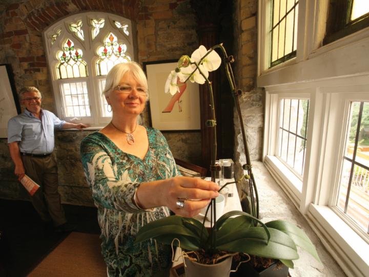 White woman and man tending to orchid in front of stained glass window.
