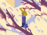 Illustration of woman staring up at the sky with snow shovel in her hand. She is wearing purple pants and mustard top. Shadow of birds are reflected on the ground.