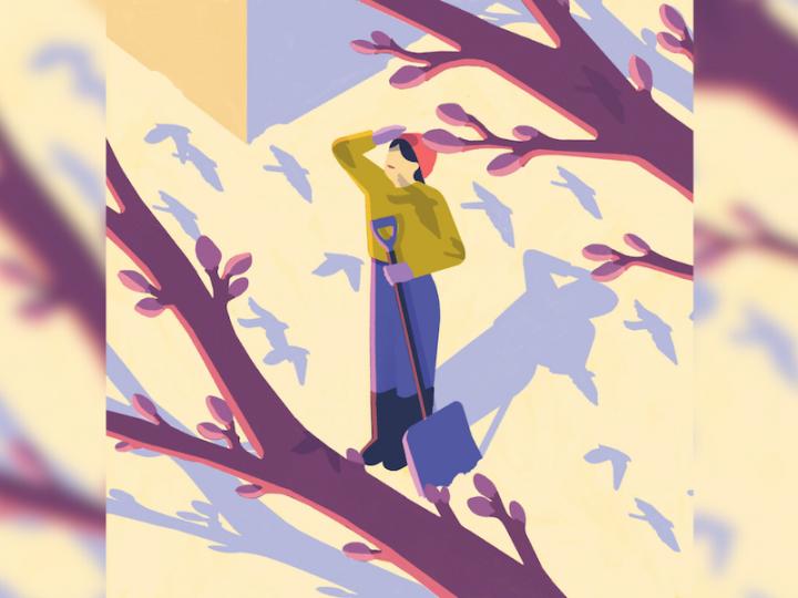 Illustration of woman staring up at the sky with snow shovel in her hand. She is wearing purple pants and mustard top. Shadow of birds are reflected on the ground.