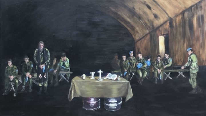 Painting of a group of soldiers in green camouflage clothing with blue hats. They are sitting and one is standing next to a make-shift alter with a cloth on two drums. The alter has a bible, a cross, a chalice and other items on it. The men are attending an Easter service during a time of war