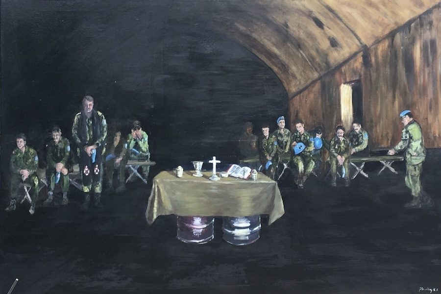 Painting of a group of soldiers in green camouflage clothing with blue hats. They are sitting and one is standing next to a make-shift alter with a cloth on two drums. The alter has a bible, a cross, a chalice and other items on it. The men are attending an Easter service during a time of war