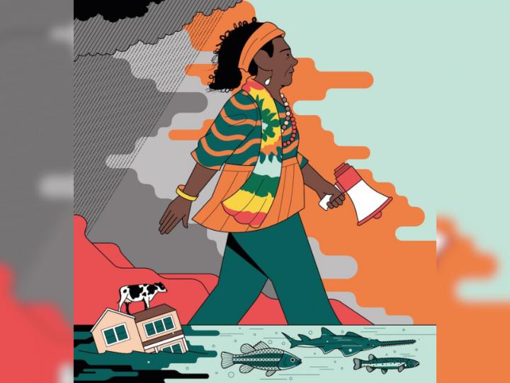 An illustration of a brown-skinned woman with brown curly hair walking. She is holding a megaphone, wearing a teal and peach striped shirt with a yellow, green, pink and mint-coloured scarf. Her pants are teal. She is walking and below her legs is a river with three kinds of fish floating, as well as a half-submerged house with teal-coloured windows. A small black and white cow is on top of the brown roof. IN the background is a multi-coloured sky (mint, peach, grey and dark brown).