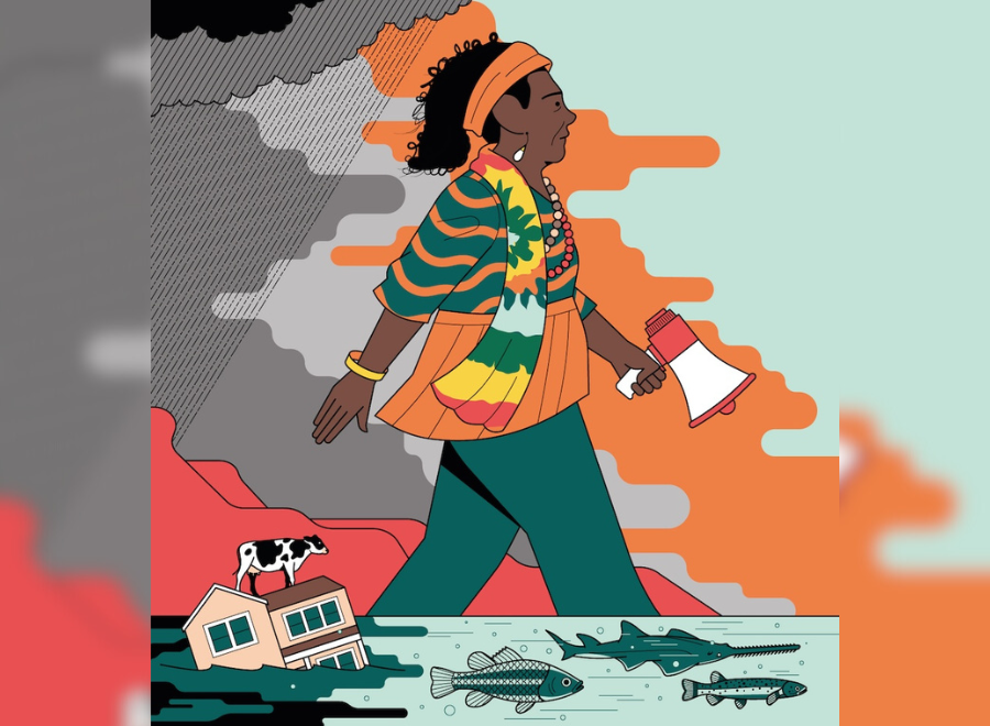 An illustration of a brown-skinned woman with brown curly hair walking. She is holding a megaphone, wearing a teal and peach striped shirt with a yellow, green, pink and mint-coloured scarf. Her pants are teal. She is walking and below her legs is a river with three kinds of fish floating, as well as a half-submerged house with teal-coloured windows. A small black and white cow is on top of the brown roof. IN the background is a multi-coloured sky (mint, peach, grey and dark brown).
