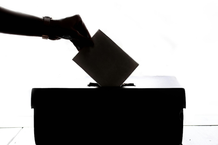 A backlit image of a person putting a vote into a ballot box. The hand holding the ballot and the box are in black and white shadows.