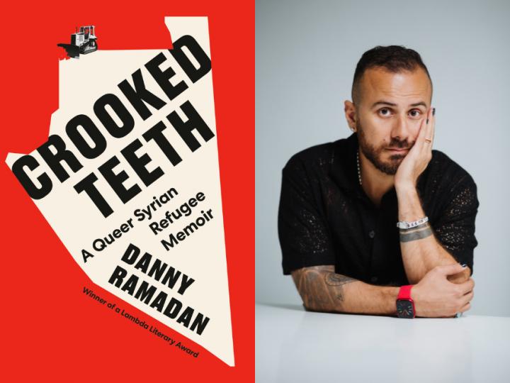 Image of novel Crooked Teeth with black text over a white background on top of a red background. The text says: Crooked Teeth, A Queer Syrian Refugee Memoir by Danny Ramadan. Next to the book cover is an author photo of a brown-skinned man with short brown hair, and facial hair. His chin is resting on his left hand. He is wearing a black t-shirt, bracelets and a red watch. He has a tattoo on his right elbow and arm.