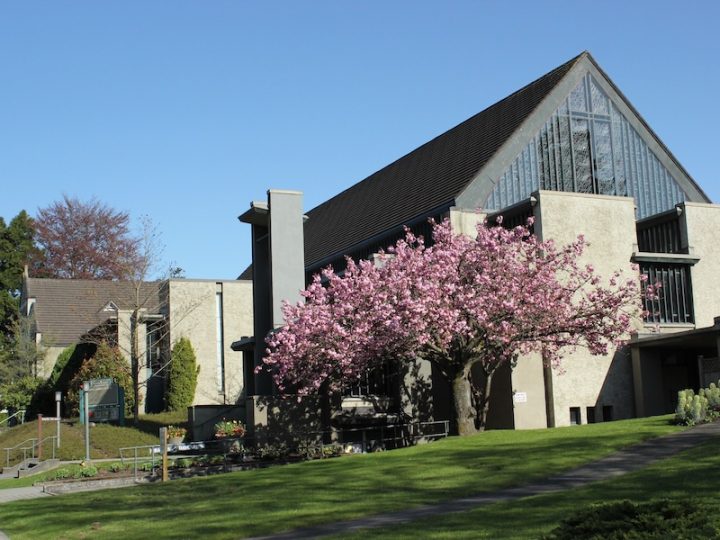 Image of a church in British Columbia. In front of the church is a tree full of pink blossoms and a green lawn and picnic table.