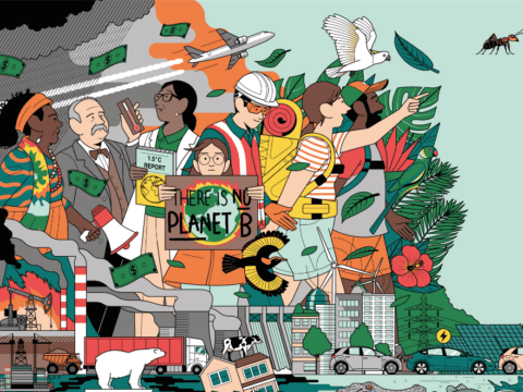 Colourful illustration of various people. From left to right, there is a Black woman in a colourful dress and necklace holding a megaphone. Next to her is a white man in a brown suit, vest and brown bowtie holding a thermometer. He has grey hair and a grey mustache. Next to him is a brown woman with brown hair tied back, glasses, in a green button-up shirt and white lab coat. She is holding a book that says 1.5 degree celcius report. Next to her is a young girl with brown hair and glasses holding up a sign that says There is No Planet B on top of an image of the earth on fire. Behind the girl is a white man in safety goggles, white hard hat and orange safety vest. Beside him is a white woman hiker in a striped white and pink shirt with a yellow backpack and blue jeans. She is pointing at something and talking to a brown man with a beard. He has an orange and green trucker hat on and in a grey shirt and orange shorts. In the background are money bills floating around, an airplane flying in the sky, a white bird, green leaves, an ant, flowers.On the bottom of the image is an oil refinery, an orange dump truck, a polar bear floating on an small ice glacier, a cow on top of a floating house in a flood, and several cars parked on a street. There are also wind turbines and chimneys emitting grey smoke.