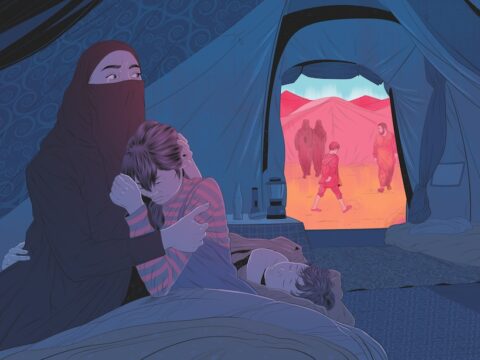 Illustration of a woman in a black niqab hugging a girl in a purple and pink striped shirt with brown hair and bangs. There is a boy sleeping next to them. They are in a tent and outside are two women in a niqab walking by, along with a boy in a long hooded shirt, shorts and sandals. A man with a beard, in a thawb and sandals is also walking by.