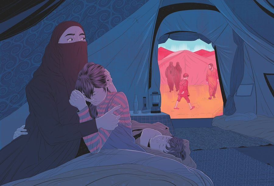 Illustration of a woman in a black niqab hugging a girl in a purple and pink striped shirt with brown hair and bangs. There is a boy sleeping next to them. They are in a tent and outside are two women in a niqab walking by, along with a boy in a long hooded shirt, shorts and sandals. A man with a beard, in a thawb and sandals is also walking by.