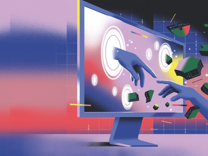 Illustration of a computer monitor. There are circles in the monitor and out of one of them is a purple hand reaching out to another hand on the bottom right of the screen.