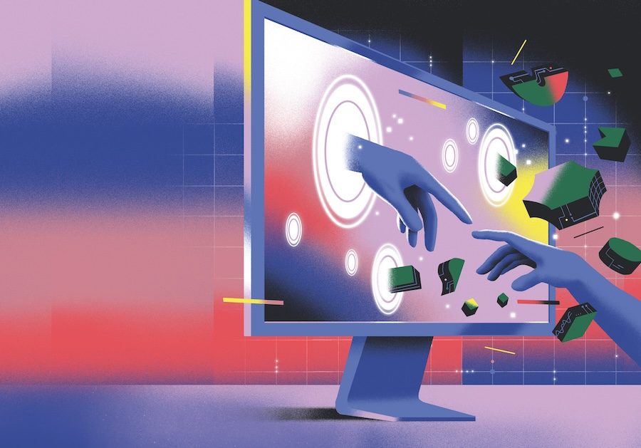 Illustration of a computer monitor. There are circles in the monitor and out of one of them is a purple hand reaching out to another hand on the bottom right of the screen.