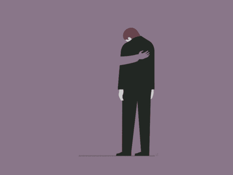 Illustration of a man in a black suit and black trousers. He has brownish hair and is looking down. The perspective is from behind. The background is purple and there is an arm on the man's back, comforting him.