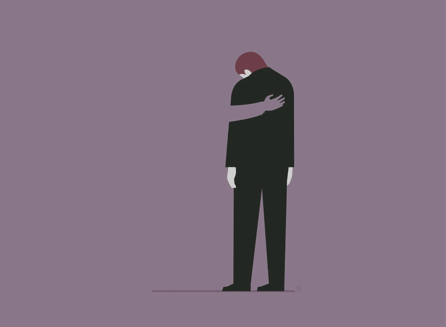 Illustration of a man in a black suit and black trousers. He has brownish hair and is looking down. The perspective is from behind. The background is purple and there is an arm on the man's back, comforting him.