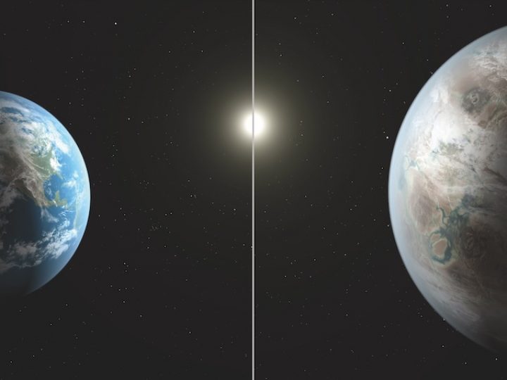 An artist's concept comparing Earth to another planet about 1,400 light years away. Earth is on the left side, there is a sun in the middle and another larger planet on the right side. Both are against a black background.