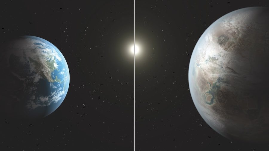 An artist's concept comparing Earth to another planet about 1,400 light years away. Earth is on the left side, there is a sun in the middle and another larger planet on the right side. Both are against a black background.
