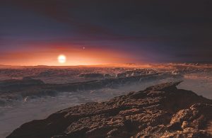 Artist rendition of a view of the surface of a distant planet. It shows the sun on a horizon and the planet's surface is covered with brown rock and clouds against a black sky. 