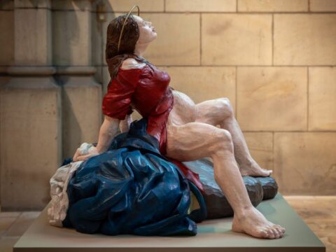 A contemporary statue of the Virgin Mary giving birth to Jesus in a cathedral in Linz, Austria.