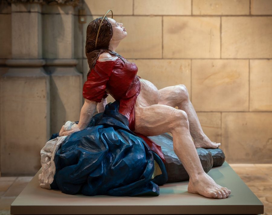 A contemporary statue of the Virgin Mary giving birth to Jesus in a cathedral in Linz, Austria.