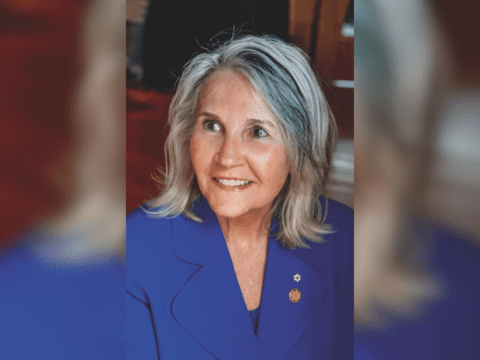 Headshot of a middle-aged white woman with shoulder-length grey hair. She is smiling and wearing a blue blazer.