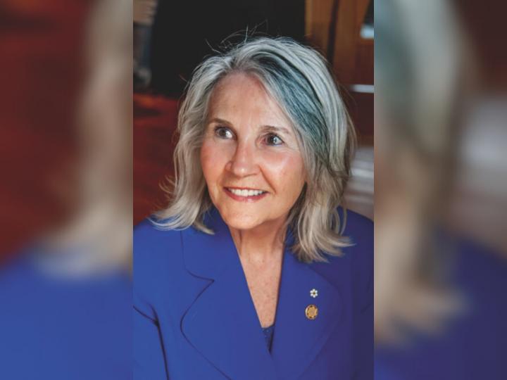 Headshot of a middle-aged white woman with shoulder-length grey hair. She is smiling and wearing a blue blazer.