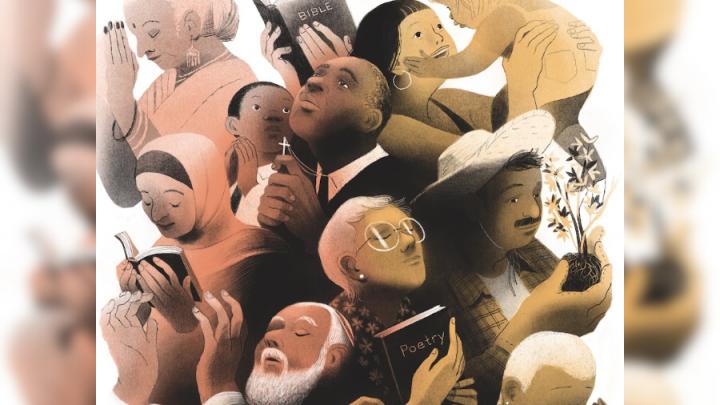 Illustration of several people from different religious backgrounds. There is a Black man holding a cross, a brown-skinned Hindu woman praying, a brown-skinned Muslim woman wearing a hijab reading a book, an east Asian woman holding a child, a brown-skinned man holding a plant, a woman with glasses holding a book that says Poetry on it, a Black woman with short hair holding a ladybug in her hand.