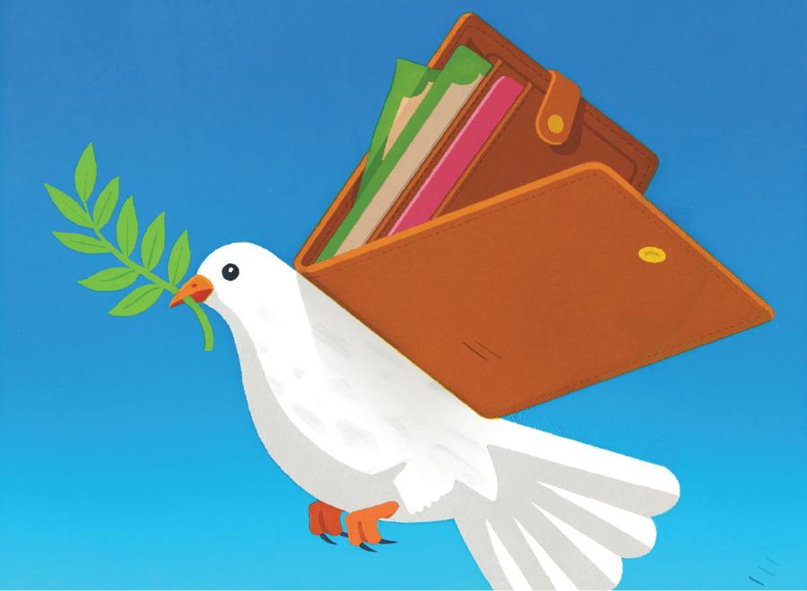 Illustration of a white dove carrying a green plant in its orange beak. On its back is a brown wallet that is open. There are money bills poking out and a pink card. The bird is against a blue background.