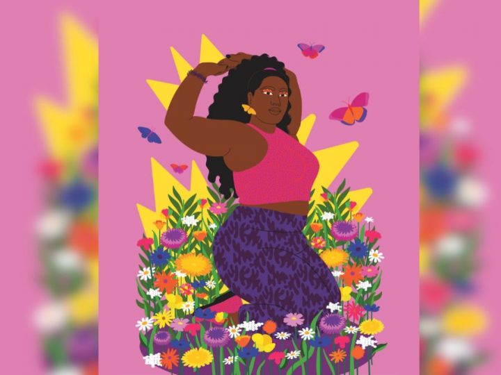 A drawing of a woman kneeling in a bed of flowers, with a pink background.