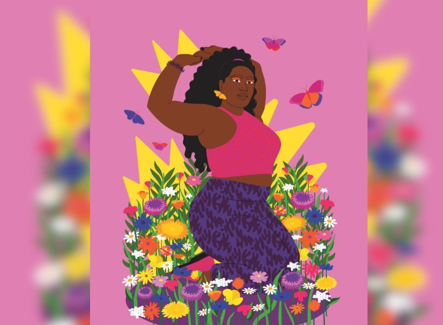 A drawing of a woman kneeling in a bed of flowers, with a pink background.