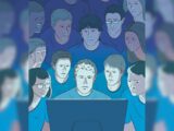 A drawing of many people crowded around a computer screen.