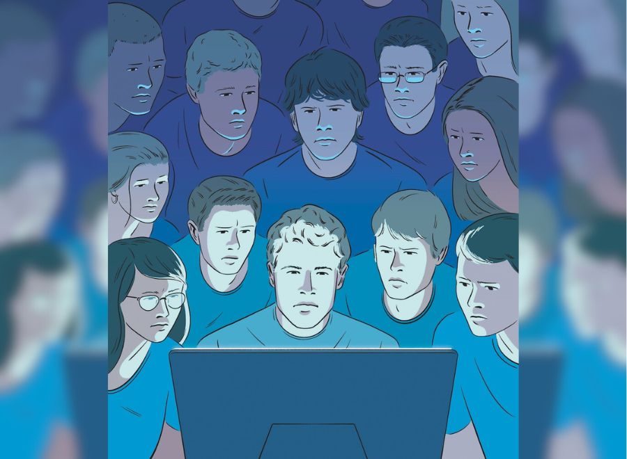 A drawing of many people crowded around a computer screen.