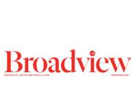 In red text it says Broadview. In a smaller font underneath Broadview, it says, "Spirituality, justice and ethical living." On the right hand side it says, "broadview.org"