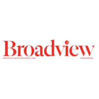 In red text it says Broadview. In a smaller font underneath Broadview, it says, "Spirituality, justice and ethical living." On the right hand side it says, "broadview.tempurl.host"