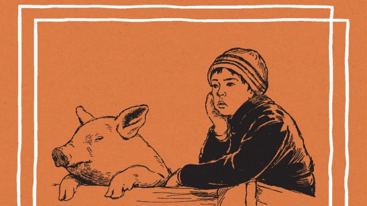 Cropped image of part of a book cover. There is an illustration of a little boy in a black coat next to a pig and they are leaning on the fence.