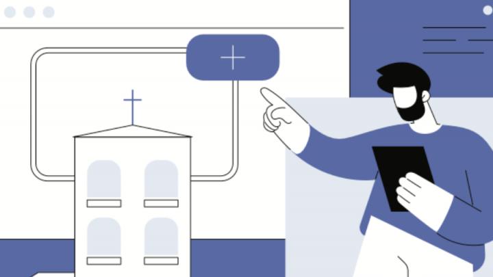 Illustration of a church and a browser screen. On the right is a faceless white man with dark hair and beard in a purple shirt. He is holding a tablet and pointing with his right hand.