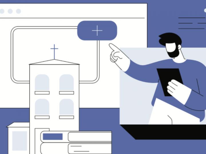 Illustration of a church and a browser screen. On the right is a faceless white man with dark hair and beard in a purple shirt. He is holding a tablet and pointing with his right hand.