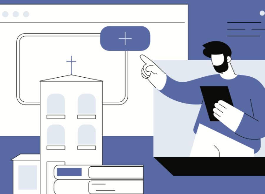 Illustration of a church and a browser screen. On the right is a faceless white man with dark hair and beard in a purple shirt. He is holding a tablet and pointing with his right hand.