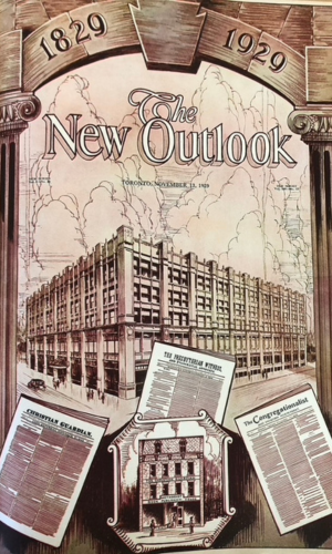 Old magazine cover of "The New Outlook" featuring an illustration of a building and newspapers