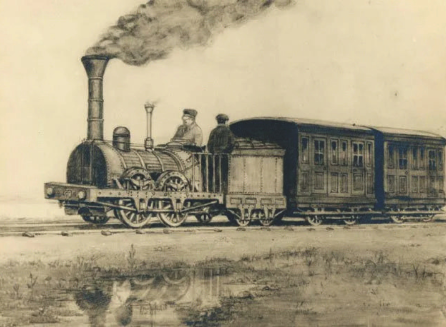 Illustration of a steam engine train. There is black smoke coming out of the chimney in front. 