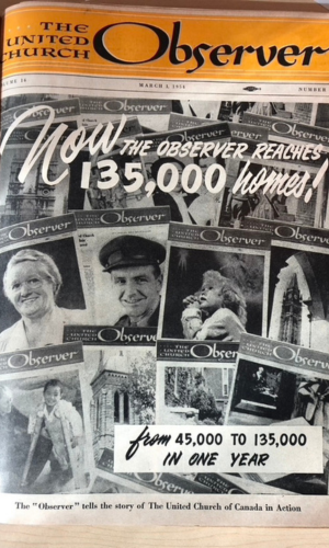 Cover of The Observer magazine. The headline is in black font over orange. The cover features a number of black and white headshots of white people. The headline says, "Now The Observer reaches 135,000 homes" and on the bottom another headline says, "from 45,000 to 135,000 in one year" in black text