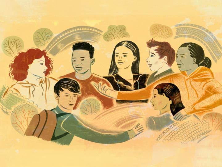 Illustration of a group of people with different ethnicities. There are trees and brick fences around them.