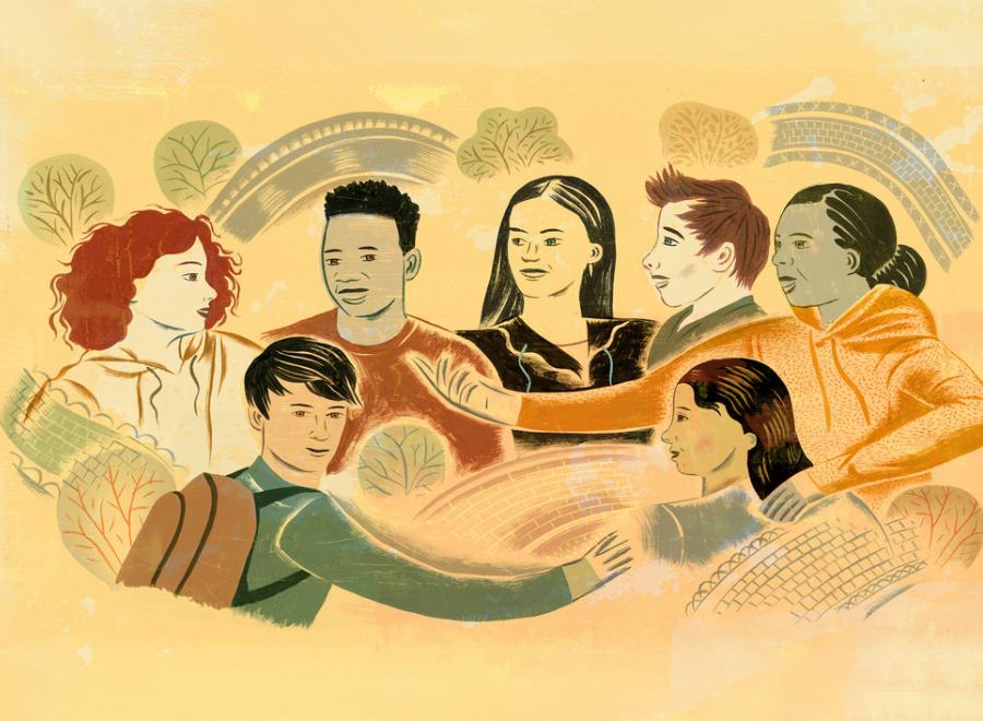 Illustration of a group of people with different ethnicities. There are trees and brick fences around them.