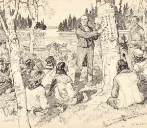 Illustration of a settler teaching Indigenous people gathered around him and a tree to read. The writing is on the tree's birch bark. 