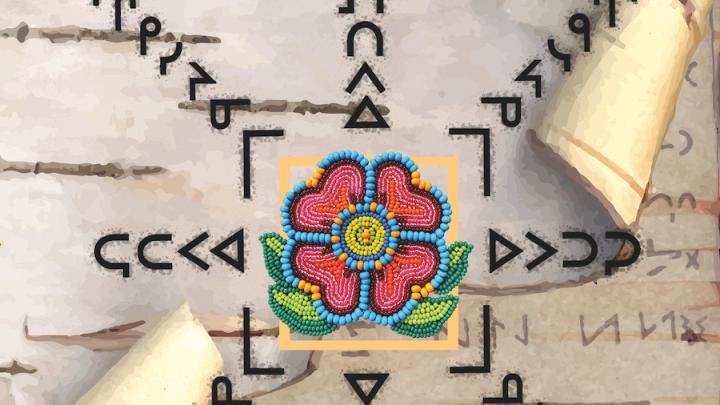 A Cree writing system on birch bark with a beaded red and green flower on top of it