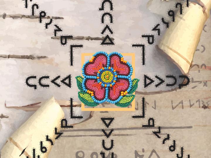 A Cree writing system on birch bark with a beaded red and green flower on top of it