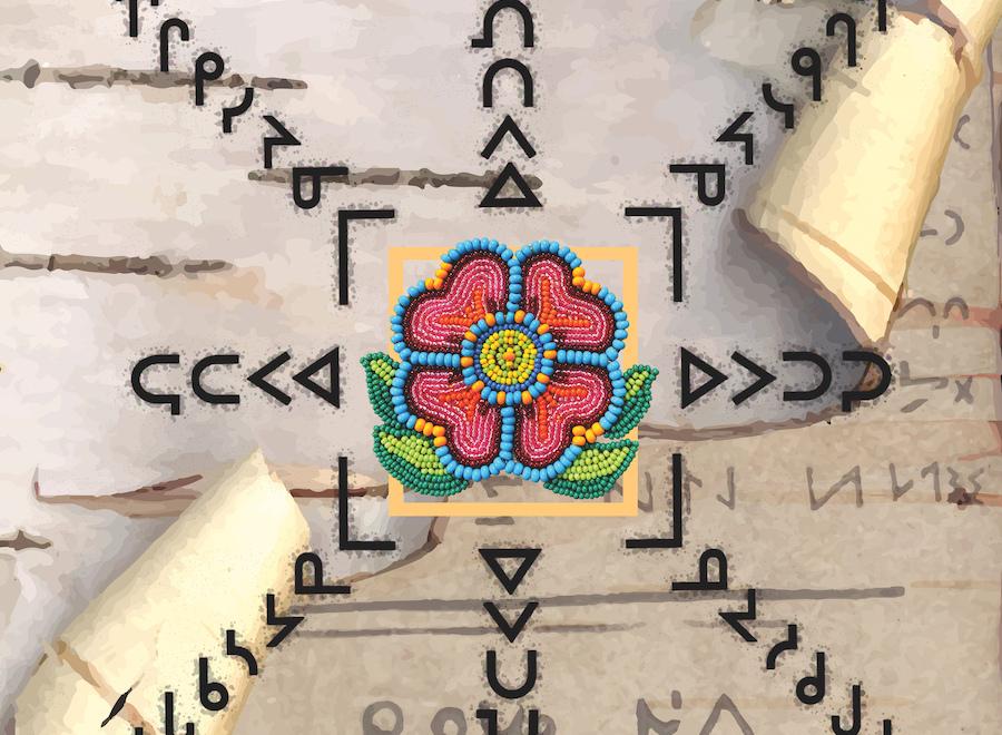 A Cree writing system on birch bark with a beaded red and green flower on top of it