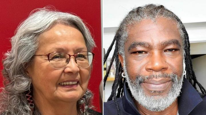 A split-screen image of an Indigenous woman on the left and a Black man smiling on the right.