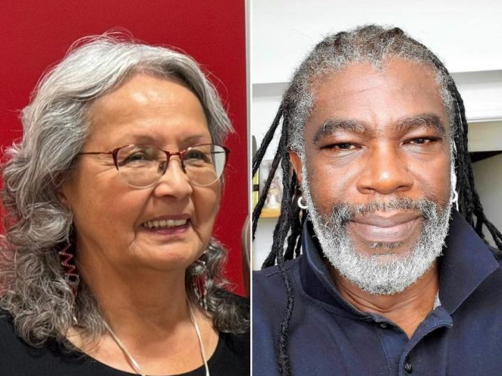 A split-screen image of an Indigenous woman on the left and a Black man smiling on the right.