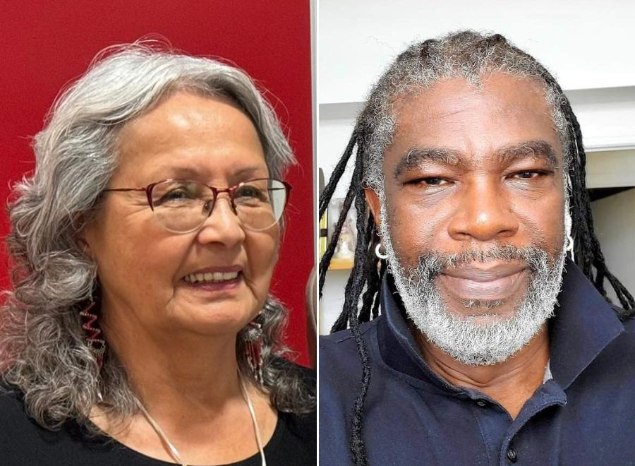 A split-screen image of an Indigenous woman on the left and a Black man smiling on the right.